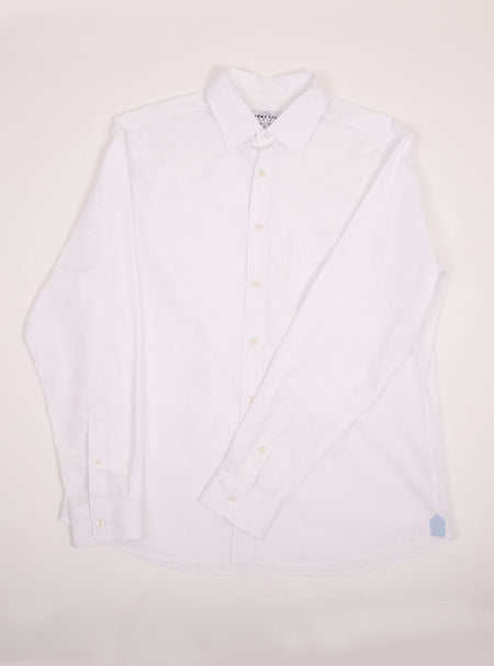 Flat lay of men's white long sleeved shirt made with 100% Cotton in a Thomas Mason fabric.